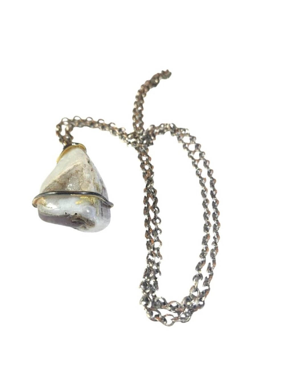 Wire Wrapped Amethyst Agate Pendant Necklace On Silver Tone Box Chain